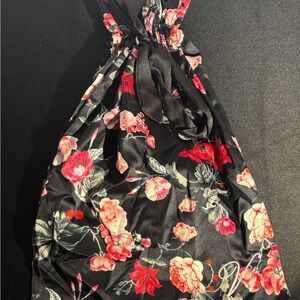 Black Floral silk drawstring bag with Red & Pink Blooms
